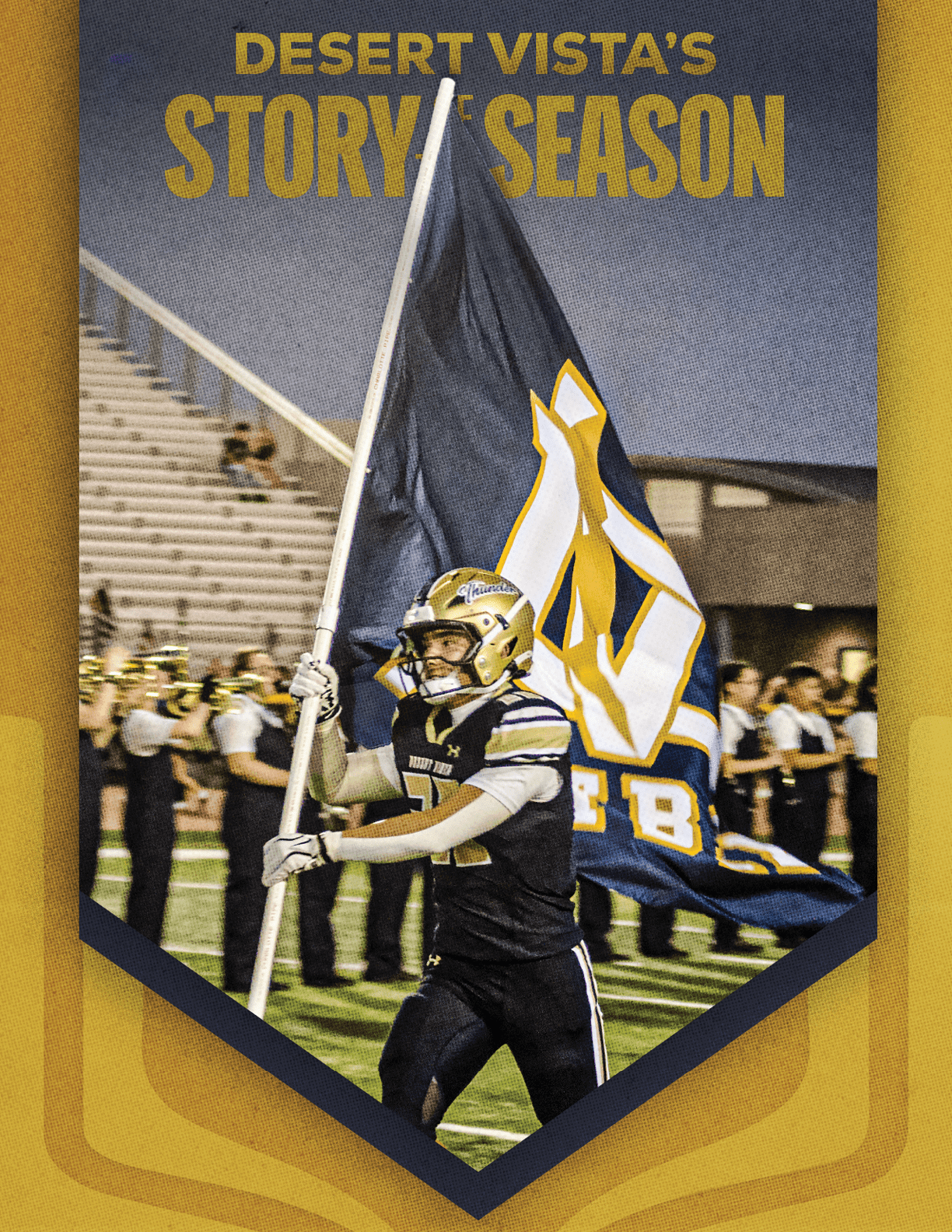 A person in a football uniform and helmet is running on a field holding a large flag with a logo while a marching band stands in the background under stadium lights. Description generated by AI