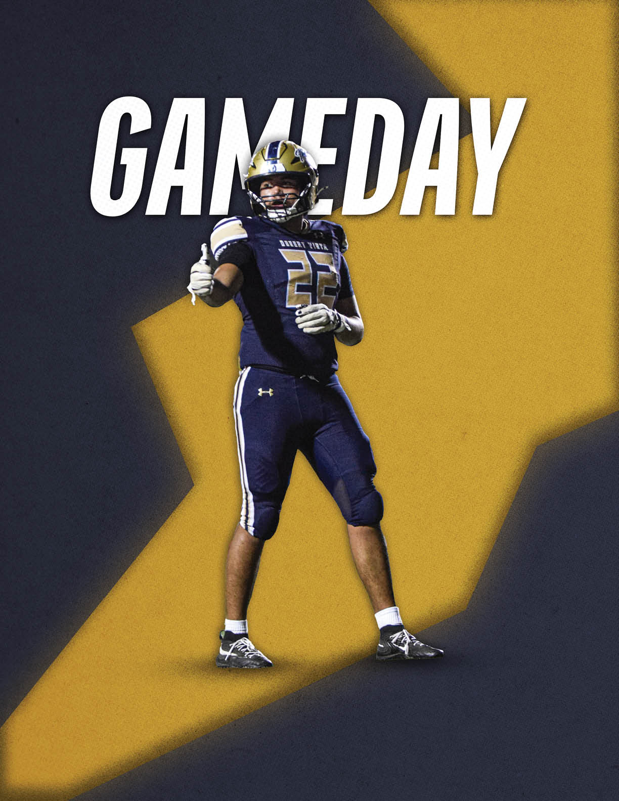 A person in a dark blue football uniform with the number 22 is standing and giving a thumbs-up in front of a large yellow and dark blue background with the word GAMEDAY in bold white letters above. Description generated by AI