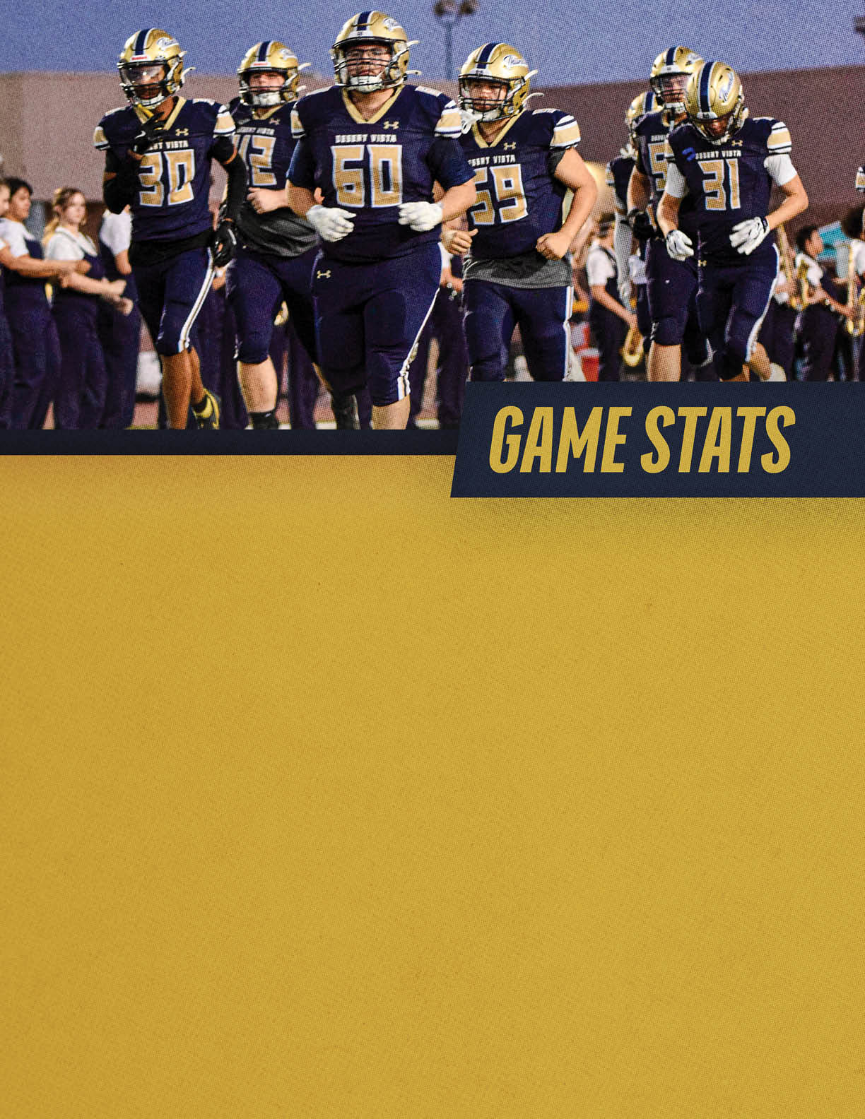 A group of people in matching dark sports uniforms and helmets are walking together on a field with a crowd in the background and the text game stats displayed below them. Description generated by AI