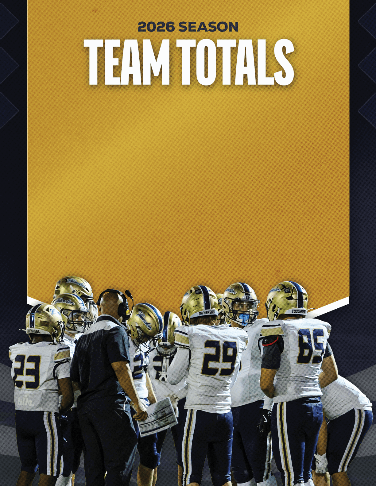 A group of football players in white and blue uniforms with gold helmets are gathered around a coach holding a play sheet under a banner that reads 2026 season team totals. Description generated by AI