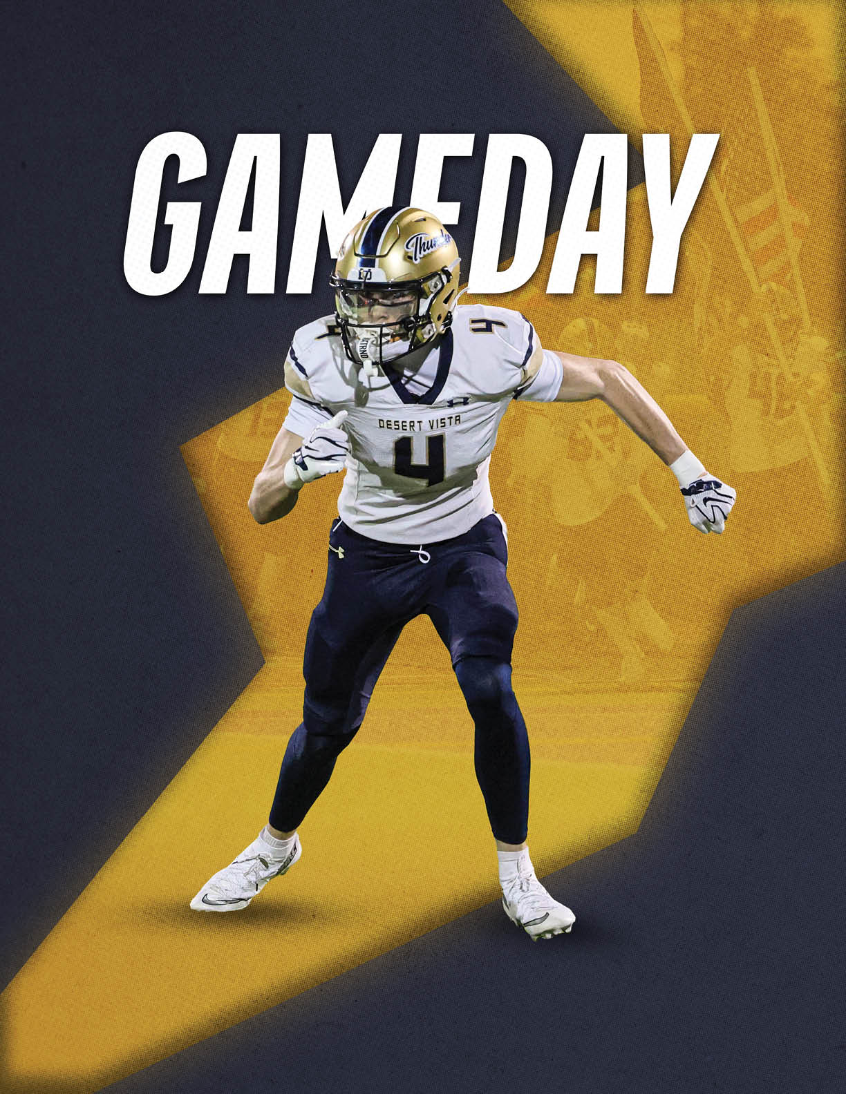 A person in a football uniform with the number 4 is running on a background with bold text reading GAMEDAY. Description generated by AI