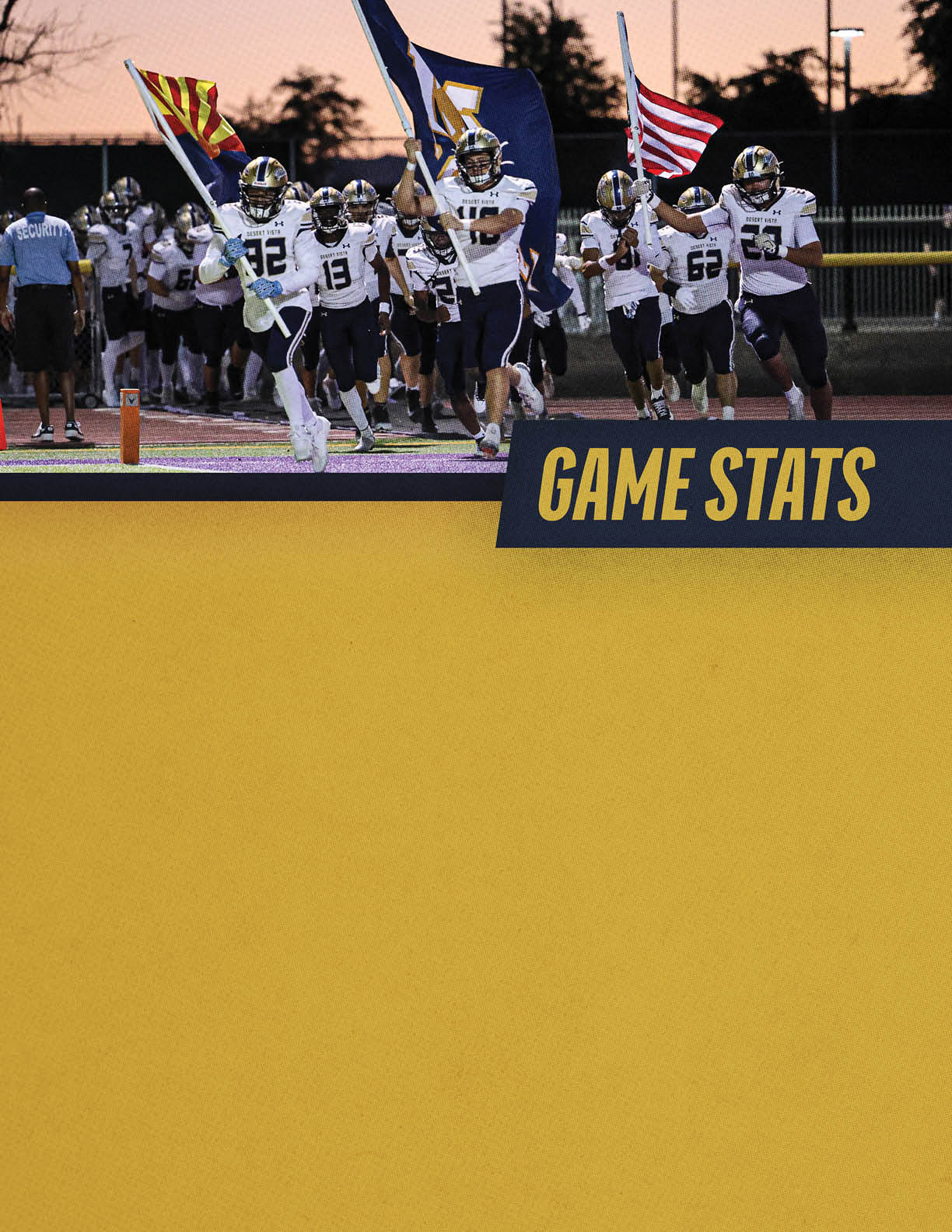 A group of people in sports uniforms run onto a field holding flags with a banner reading game stats above a large yellow space. Description generated by AI
