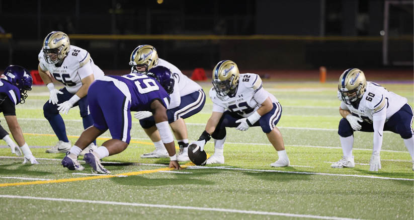 A group of people in football uniforms are lined up on a field preparing for a play during a game. Description generated by AI