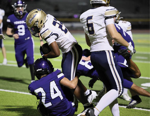 People wearing football uniforms are engaged in a tackle on a grassy field during a game. Description generated by AI