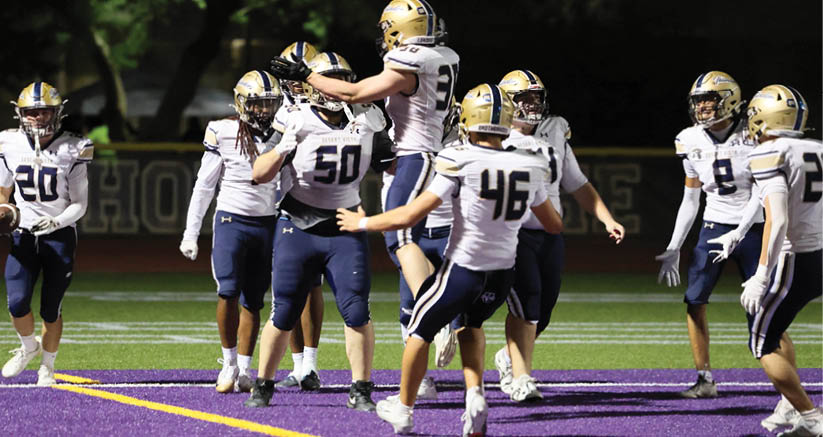 A group of people wearing white and navy sports uniforms with helmets are celebrating on a purple field with yellow lines. Description generated by AI
