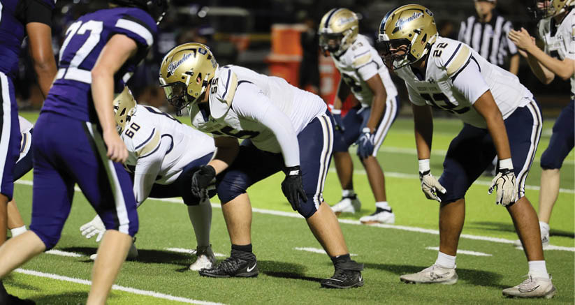People in football uniforms are positioned on a field preparing for a play during a game. Description generated by AI