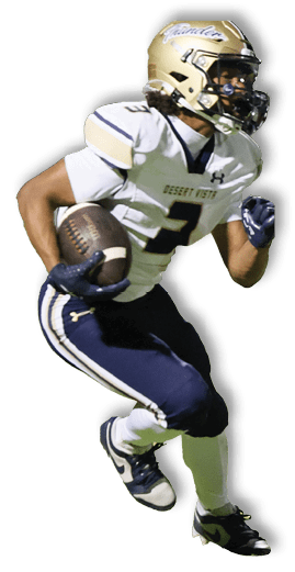 A person wearing a football uniform and helmet is running while holding a football. Description generated by AI