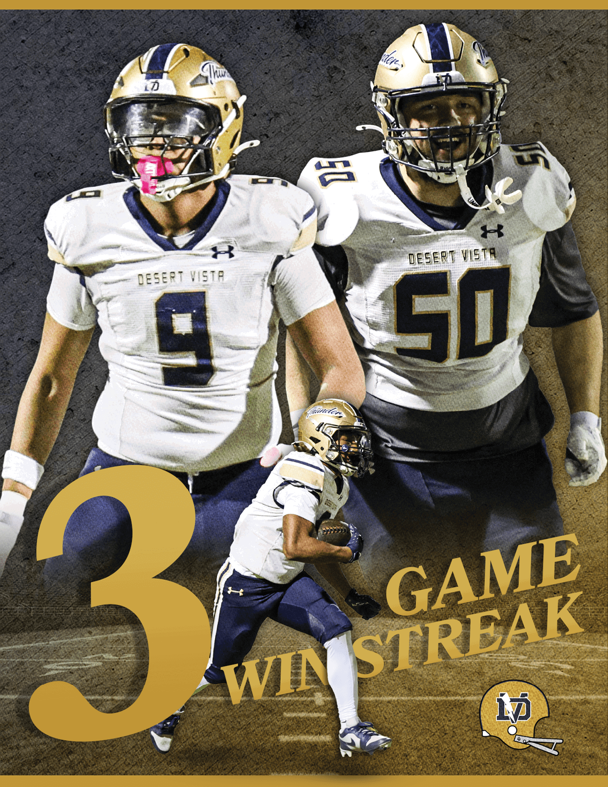 Two people in football uniforms celebrating a three-game winning streak with one holding a football and the other standing behind. Description generated by AI