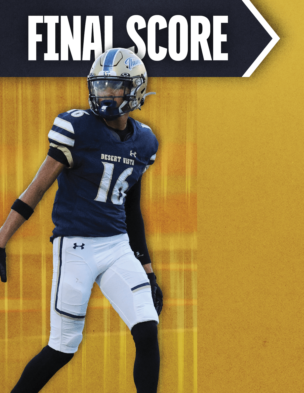 A person wearing a football uniform with the number 16 stands in front of a yellow background with the words “FINAL SCORE" displayed above. Description generated by AI