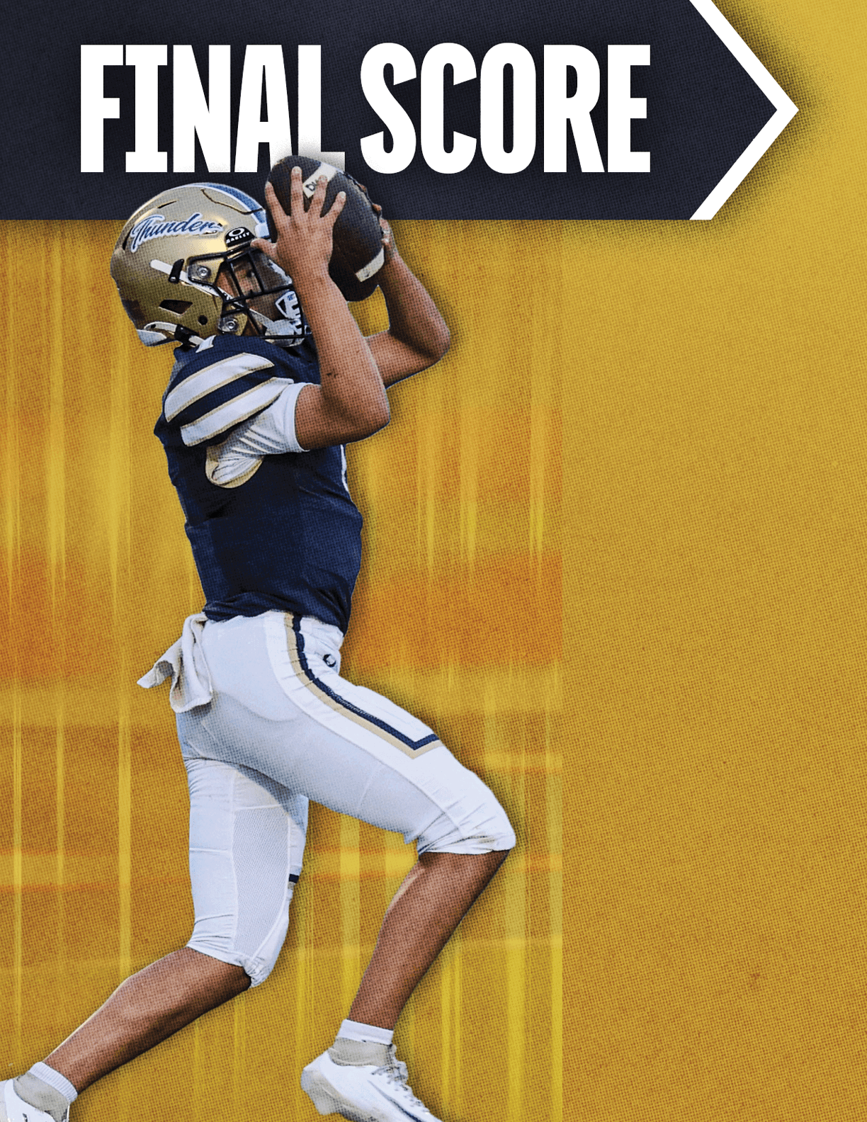 A person wearing a football uniform and helmet is catching a football with both hands while standing on one leg against a yellow background with the words “FINAL SCORE" above. Description generated by AI