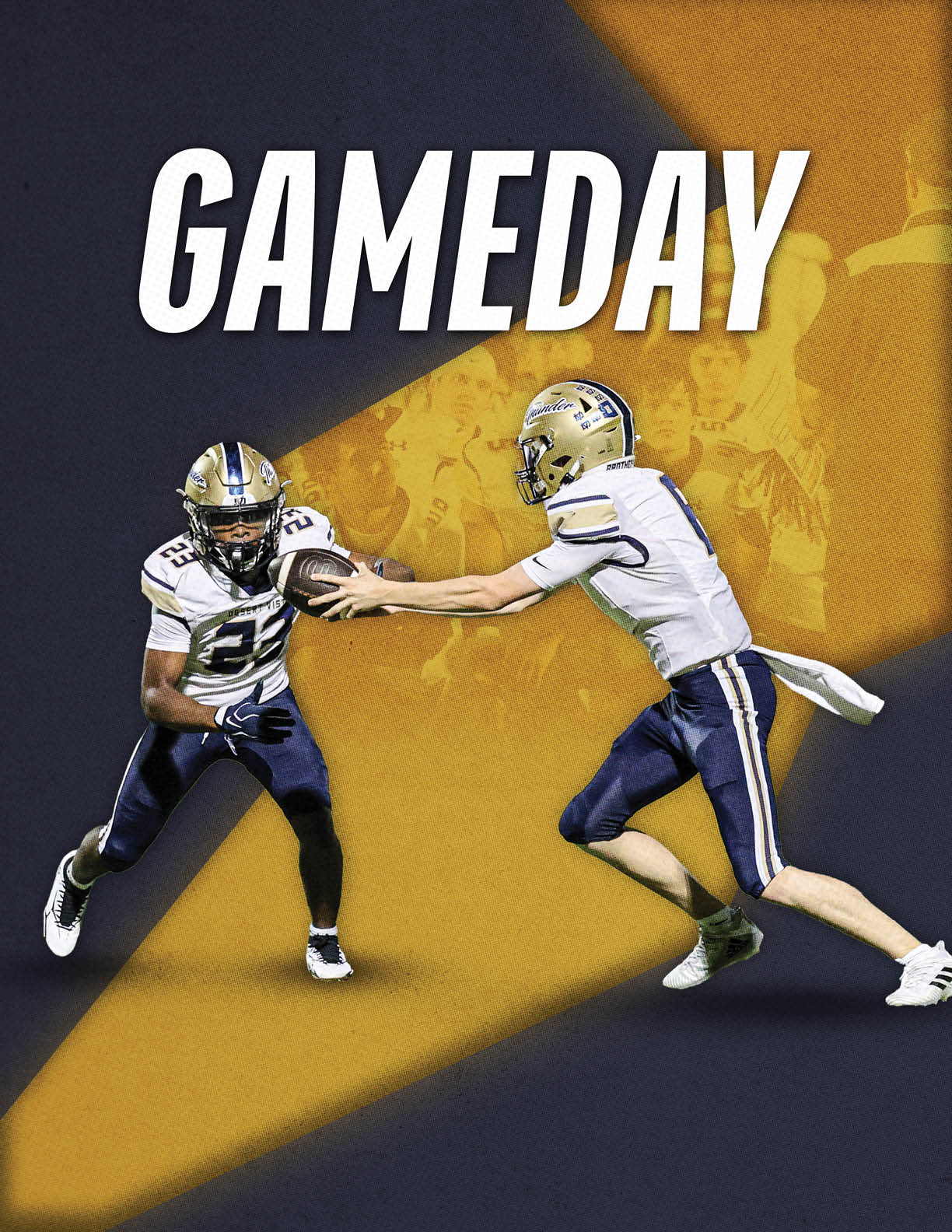 Two people in football uniforms are engaged in a handoff with a large yellow star and the word GAMEDAY in bold white letters in the background. Description generated by AI