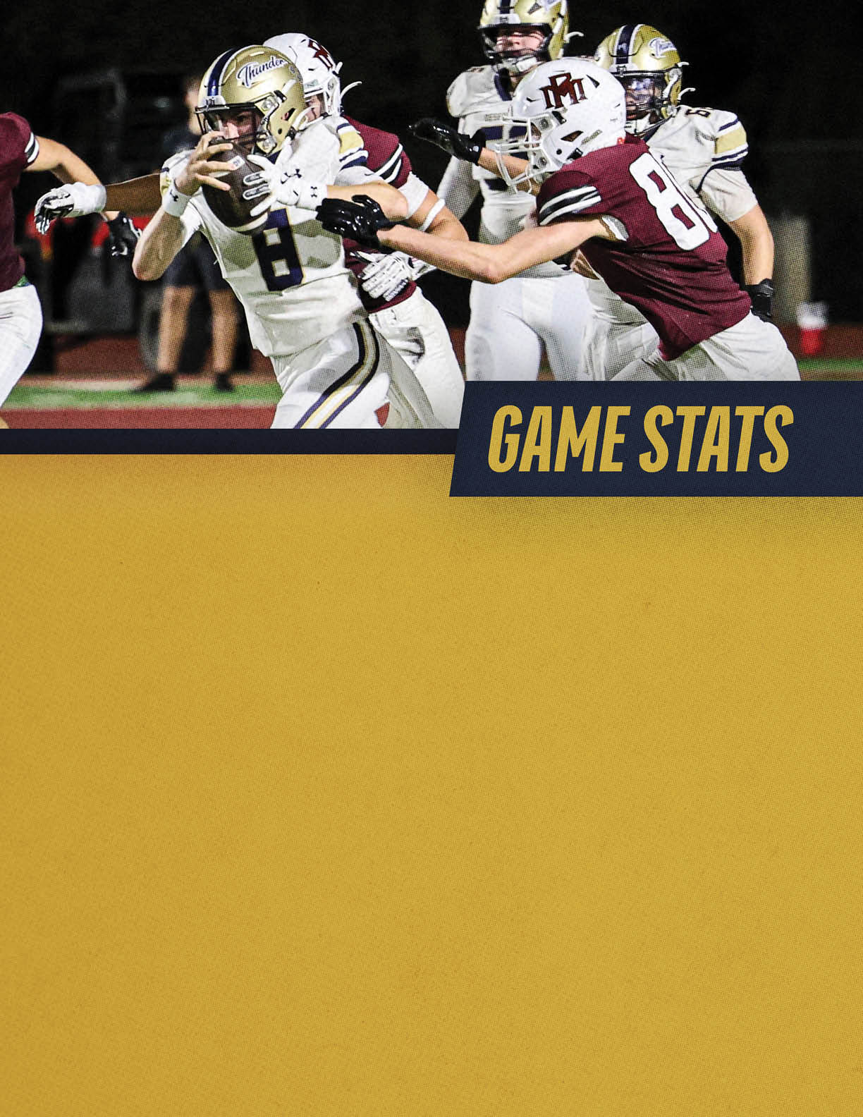 Several people in football uniforms are actively engaged in a game on a field at night with a graphic overlay reading “GAME STATS." Description generated by AI