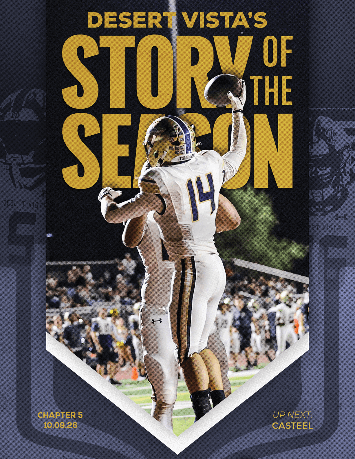 Two people in football uniforms celebrate on a field under stadium lights with a crowd in the background and large text reading Desert Vista's Story of the Season. Description generated by AI