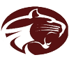 A stylized maroon and white graphic of a roaring cougar head inside an oval shape. Description generated by AI