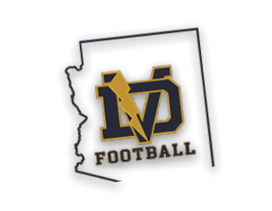 The outline of the state of Arizona contains a stylized black and gold logo with the letters “DV" and a lightning bolt, above the word "FOOTBALL" in bold black and gold letters. Description generated by AI