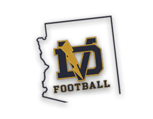 The outline of the state of Arizona contains a stylized black and gold logo with the letters “DV" and a lightning bolt, above the word "FOOTBALL" in bold black and gold letters. Description generated by AI