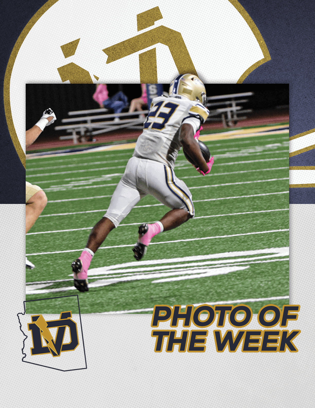 A person wearing a white and gold football uniform with pink accessories is running on a green football field holding a football, with the text “Photo of the Week" and a logo in the bottom corner. Description generated by AI