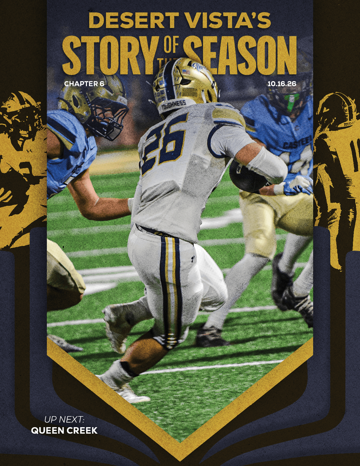 A football player in a white uniform with the number 26 is running with the ball on a field while two opposing players in blue and gold uniforms attempt to tackle. Description generated by AI