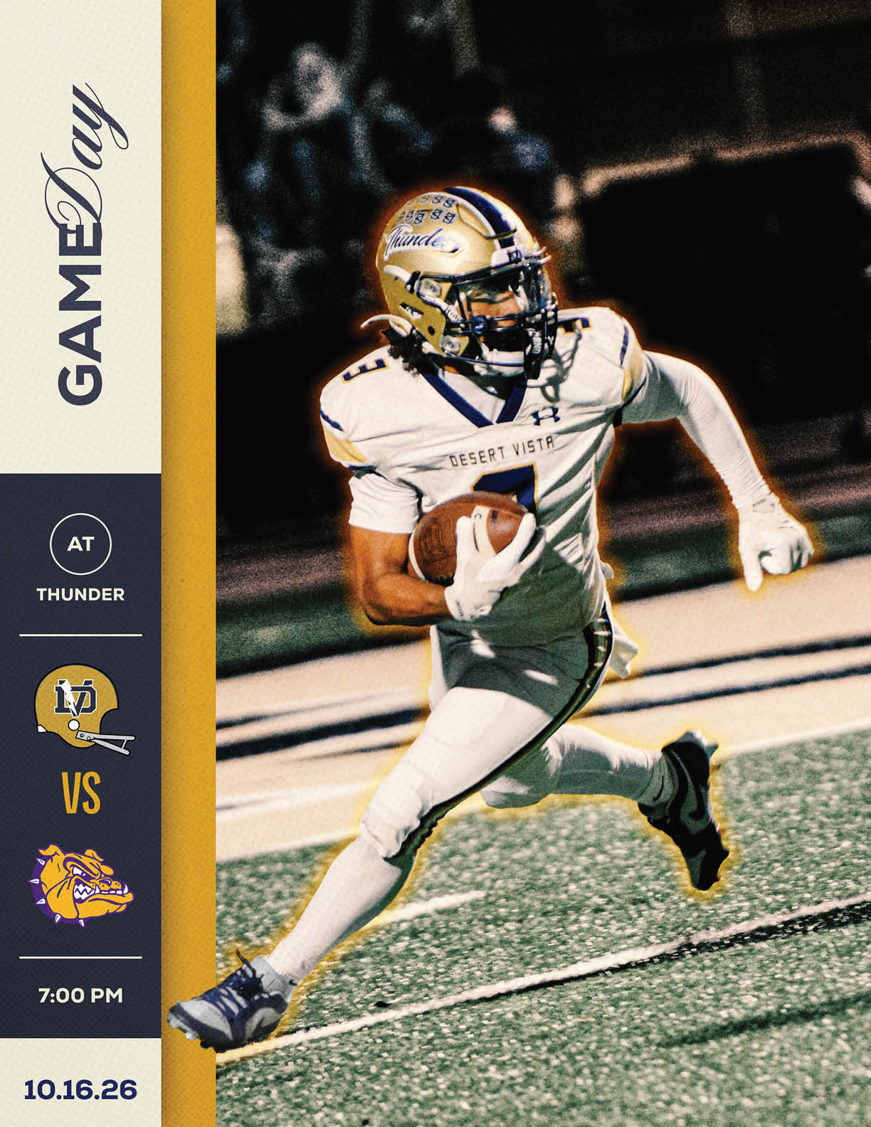 A person in a white football uniform with a gold helmet is running on a field holding a football during a nighttime game with a graphic showing a matchup between two teams and the date and time of the game. Description generated by AI
