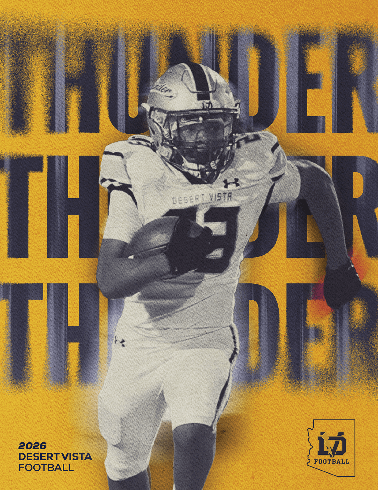 A person in a football uniform and helmet is running with a football against a yellow background with the word “THUNDER" repeated in large letters. Description generated by AI