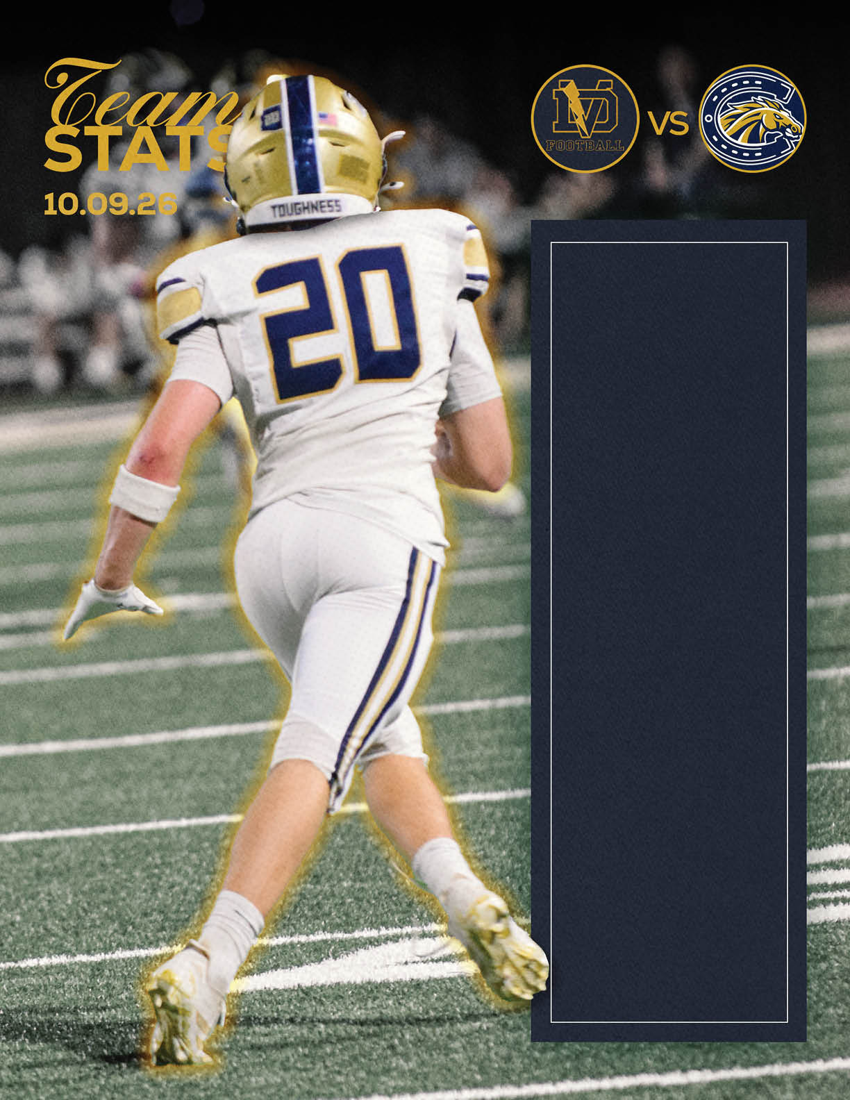 A person wearing a white football uniform with the number 20 is running on a field with a blurred crowd in the background and a graphic showing a football game between two teams with logos and the date 10.09.26. Description generated by AI