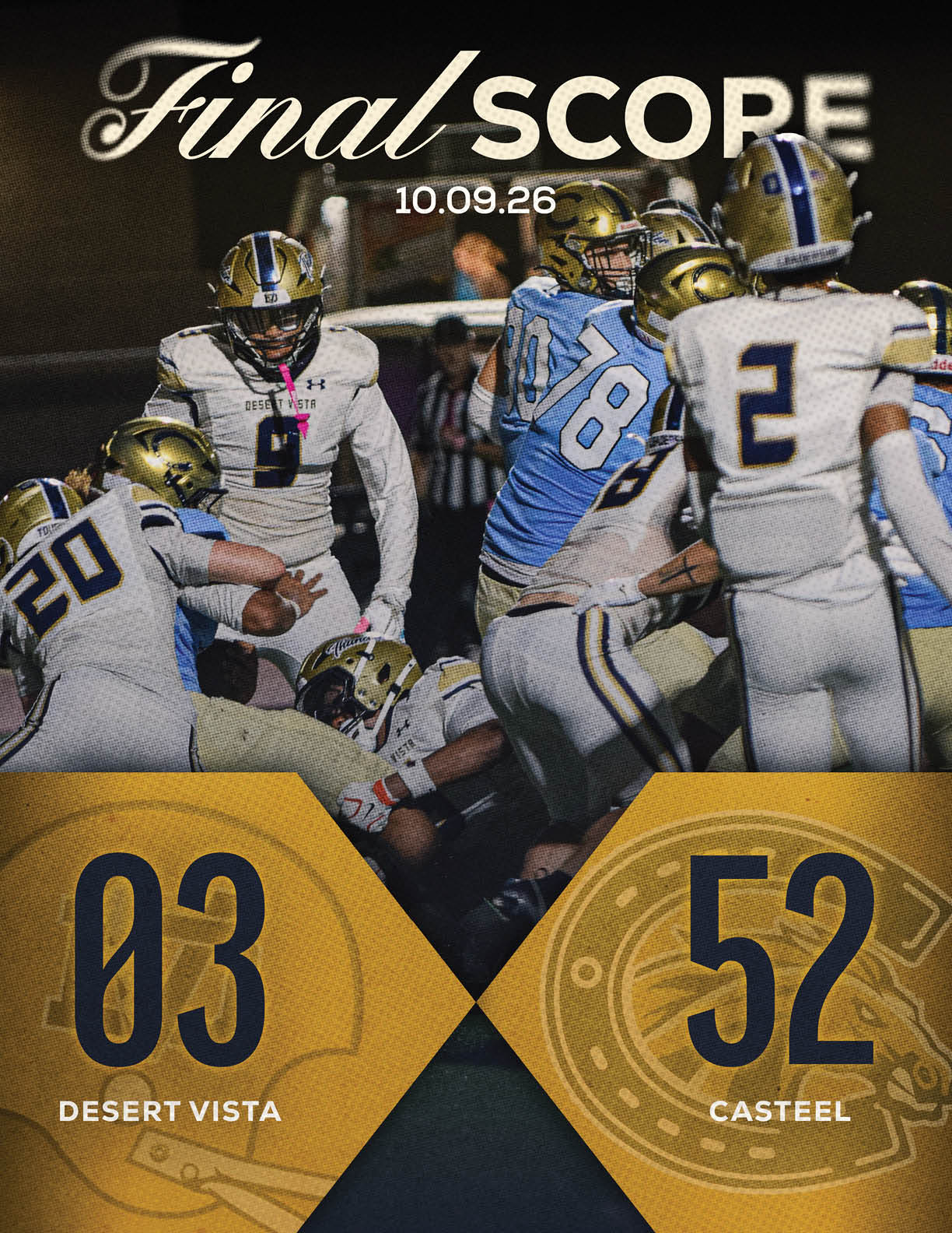 A group of football players in white and blue uniforms are engaged in a play on the field with a scoreboard showing a final score where Casteel leads Desert Vista. Description generated by AI
