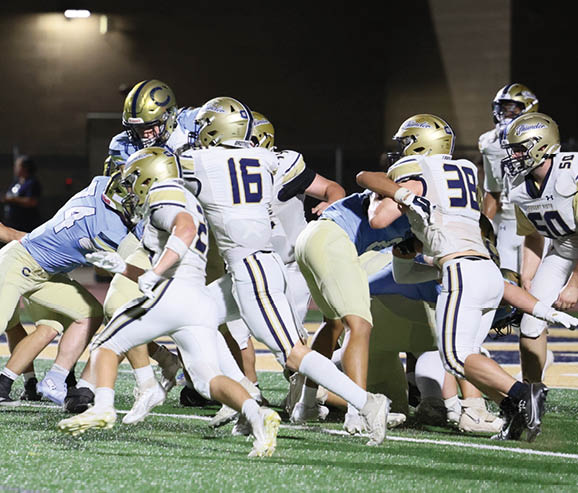 A group of people wearing football uniforms are engaged in a play on a well-lit field at night. Description generated by AI