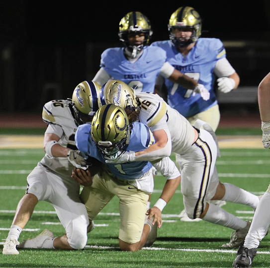 A group of people wearing football uniforms are engaged in a tackle on a green field during a game. Description generated by AI