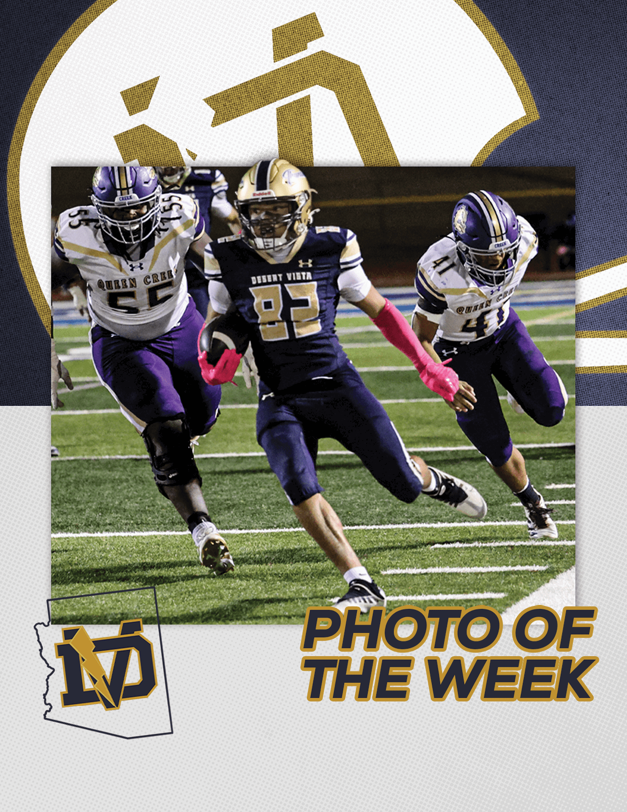 Three athletes in football uniforms are actively running on a field during a game, with one player in dark blue and gold holding the ball and two players in white and purple chasing. Description generated by AI