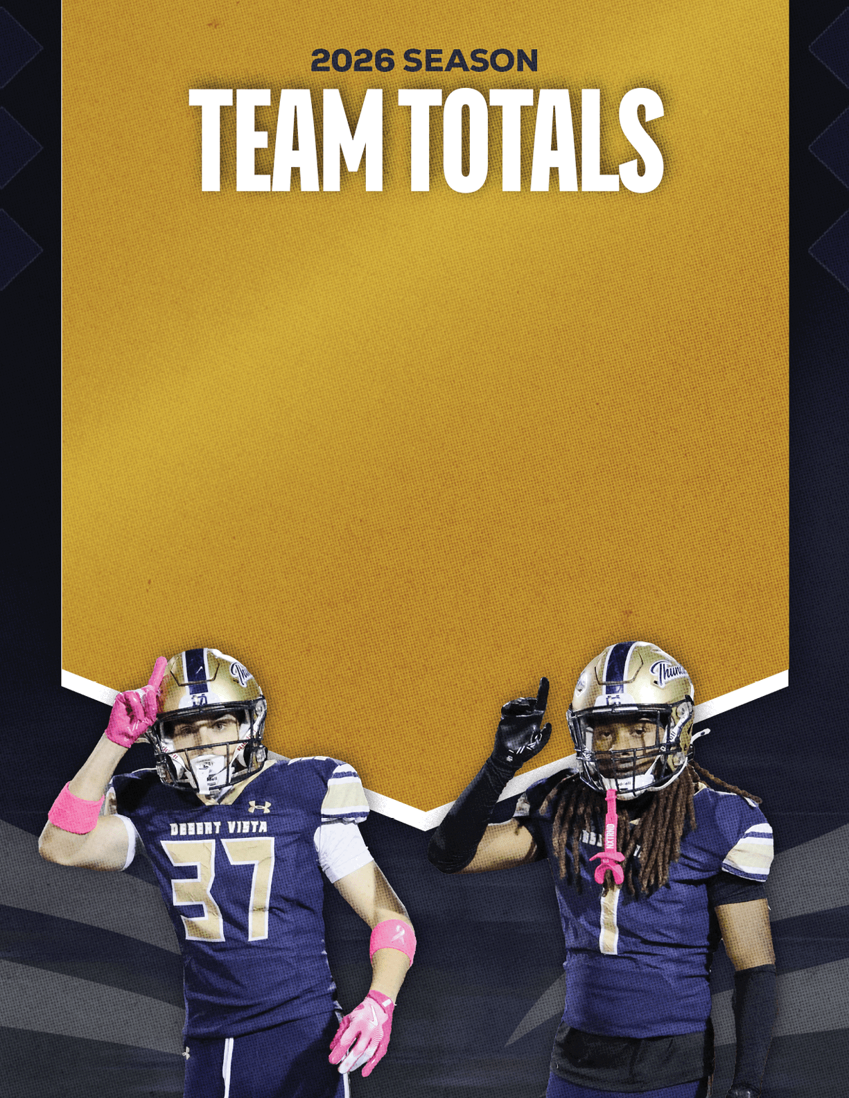 Two adults in football uniforms with helmets and gloves pose with one hand raised in front of a gold and black background that reads 2026 season team totals. Description generated by AI