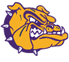 A stylized cartoon bulldog head with a fierce expression, sharp teeth, and a spiked collar in orange and purple colors. Description generated by AI