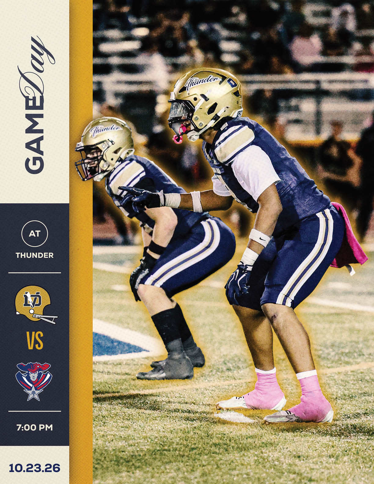 Two people in football uniforms and helmets are positioned on a field ready for a play, with a graphic on the left side showing a game day announcement for a match between Thunder and another team at 7:00 PM on 10.23.26. Description generated by AI