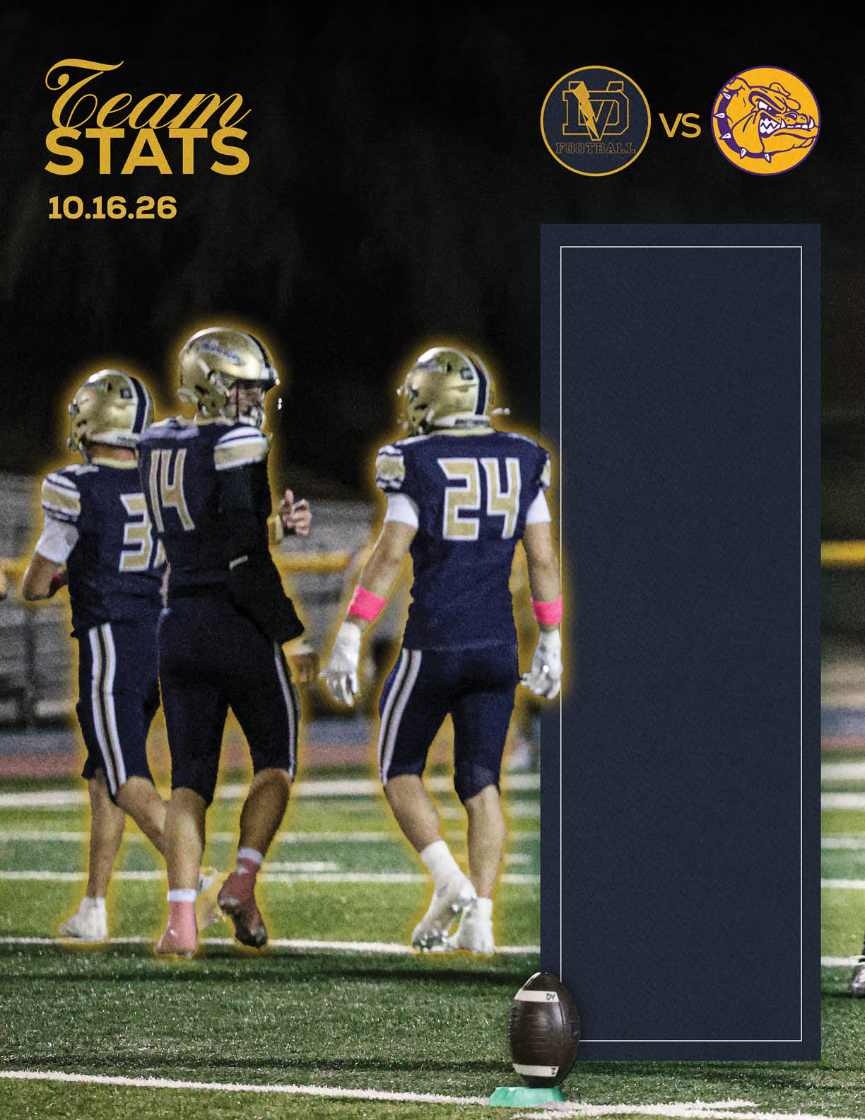Three people in football uniforms stand on a field under stadium lights with a graphic showing team stats and logos for a game dated 10.16.26. Description generated by AI