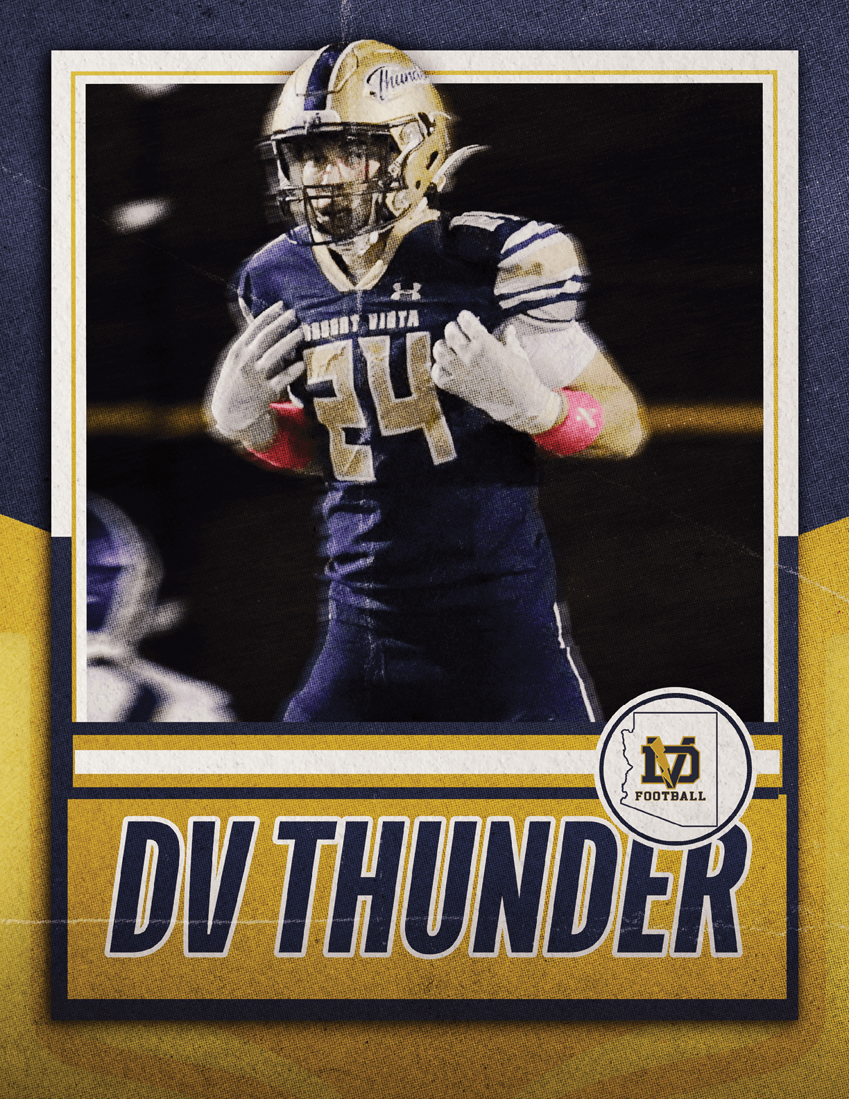 A person wearing a football uniform with the number 34 and a helmet is standing on a field with the text DV THUNDER and a football logo below. Description generated by AI