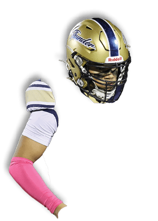 A gold football helmet with a dark blue stripe and the word “Thunder" written in cursive on the side. Description generated by AI