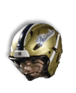 A gold football helmet with a black stripe down the center and the word “Thunder" written on the side. Description generated by AI