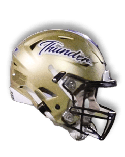 Person wearing a gold football helmet with the word “Thunder" written on it in blue script. Description generated by AI