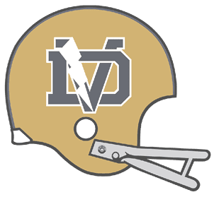 A gold football helmet with a black and white stylized “MD" logo on the side and a gray facemask. Description generated by AI
