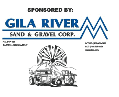 Sponsored advertisement for Gila River Sand & Gravel Corp featuring a logo with stylized mountains and an illustration of heavy construction vehicles. Description generated by AI
