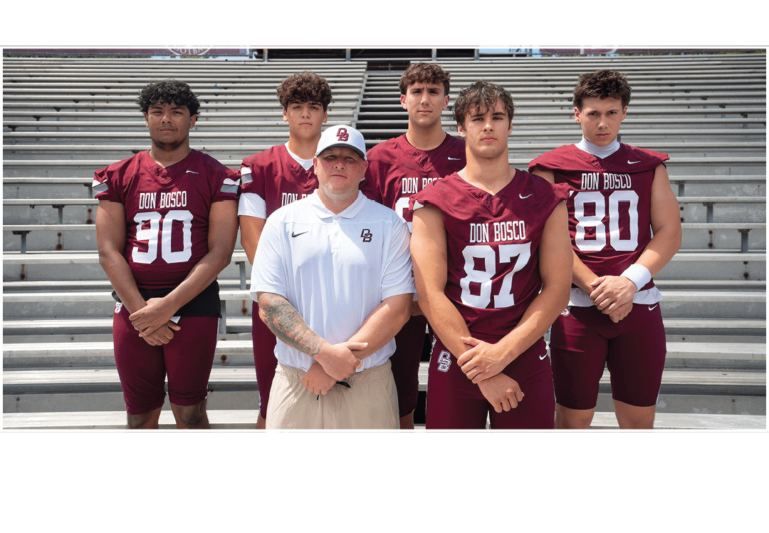 Left to right: Coach Cobb, Geraci Figueroa, Vincenty, Chorbajian, Roemer,TIGHT END