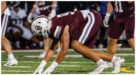 A football player wearing a blue and red jersey. Description generated by AI