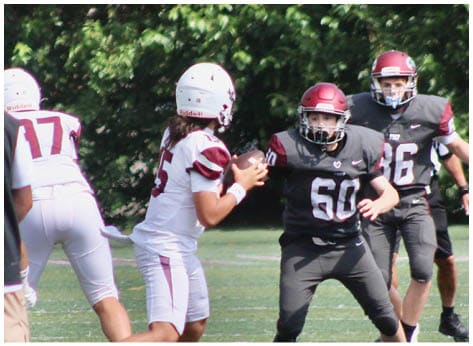 A football player wearing a blue and red jersey. Description generated by AI