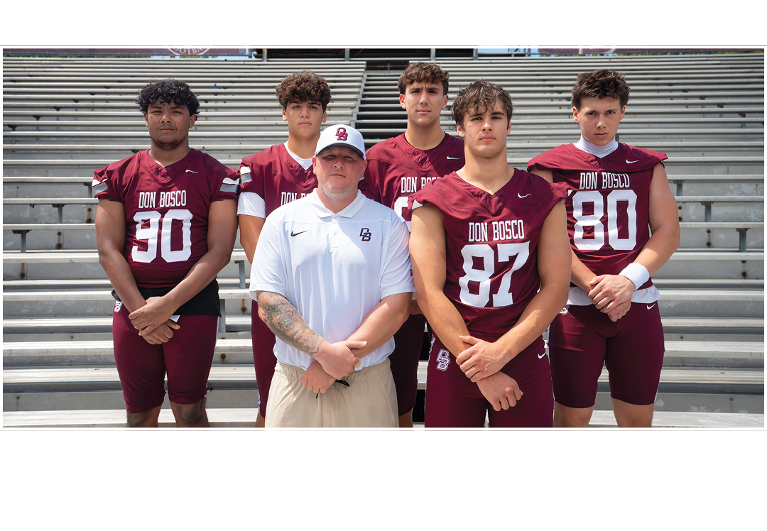 Left to right: Coach Cobb, Geraci Figueroa, Vincenty, Chorbajian, Roemer,TIGHT END