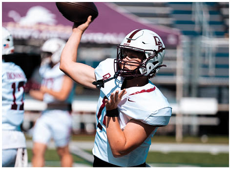 A football player wearing a blue and red jersey. Description generated by AI