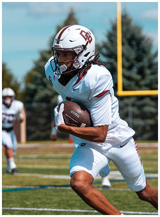 A football player wearing a blue and red jersey. Description generated by AI