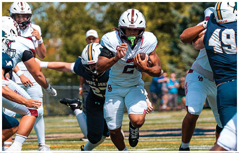 A football player wearing a blue and red jersey. Description generated by AI