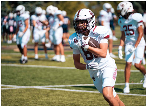 A football player wearing a blue and red jersey. Description generated by AI