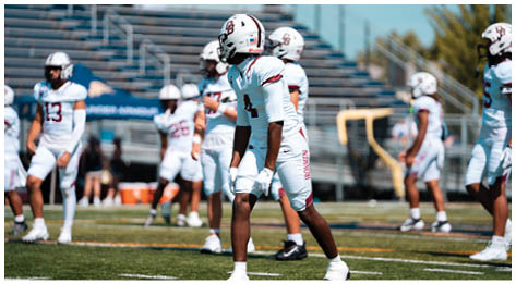 A football player wearing a blue and red jersey. Description generated by AI