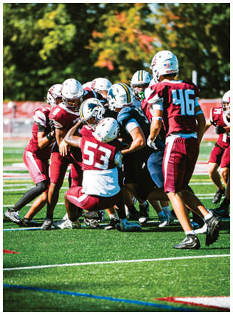 A football player wearing a blue and red jersey. Description generated by AI