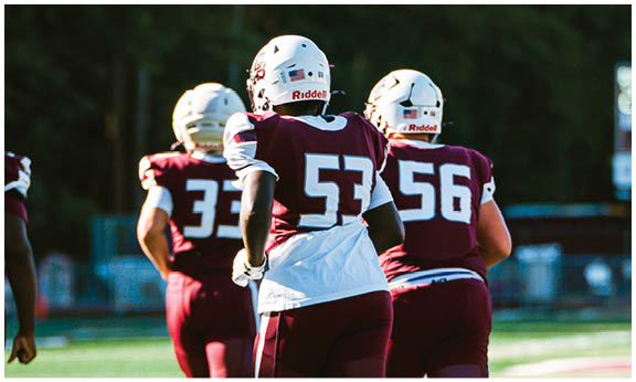 A football player wearing a blue and red jersey. Description generated by AI